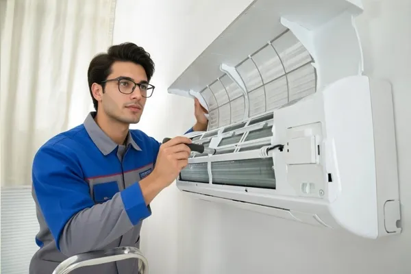 Sultanbeyli klima bakım onarım teknisyeni, split sistem klimada periyodik kontrol ve enerji verimlilik testi yapıyor